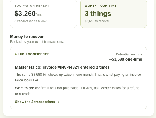 StashGrade savings monitor showing duplicate invoice flagged with $3,680 potential recovery